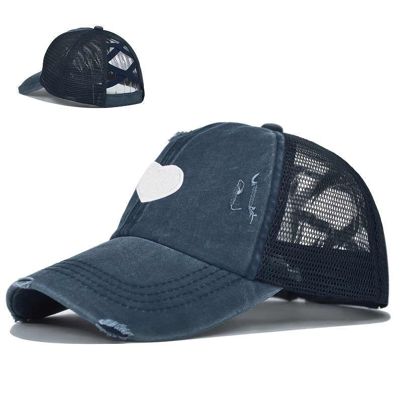 1pc Women's Adjustable Snapback Baseball Cap with Heart Embroidery & Ripped Details - Breathable Mesh Trucker Hat, Ponytail Hole for Outdoor Sports, Golf, Valentine's Day Gifts, Casual Sportswear, Durable Headwear