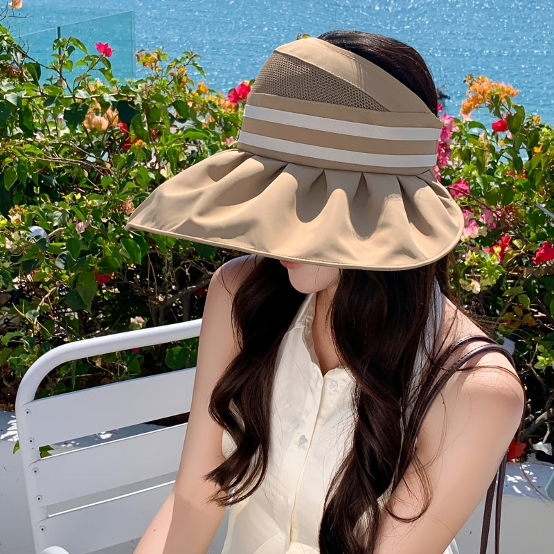 1 Summer Women's Tie-Bow Ponytail Open Top Hat, Mesh Breathable Wide Brim Fisherman Hat for Women, New Outdoor Full Face Large Brim Half-Open Sun Hat, Striped Wide Brim Fishing Cap with Foldable Visor