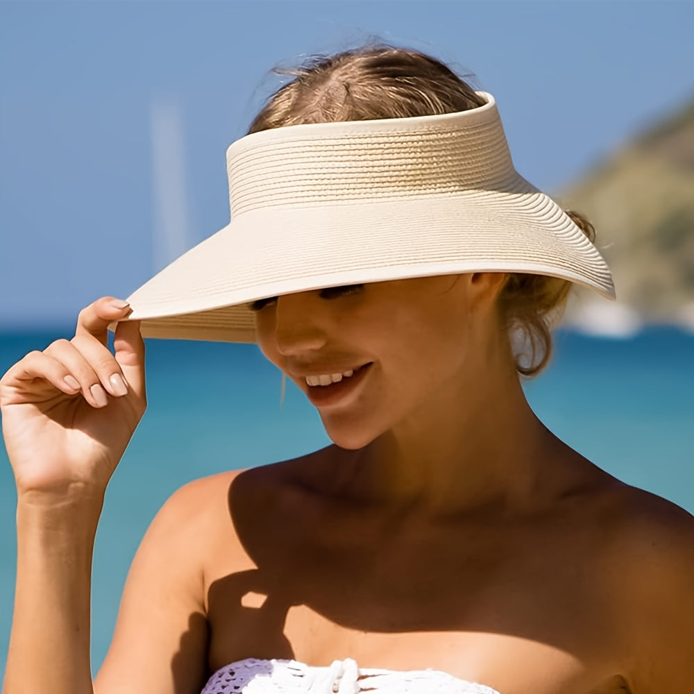 2pcs Women's Straw Sun Visor Hats Wide Brim Packable Foldable Breathable Summer Beach Hats for Outdoor Travel, Ponytail Roll-Up Design, Hand Washable, Foldable Sun Hat, Casual, Versatile Fashion Accessory, Handwashable Fabric