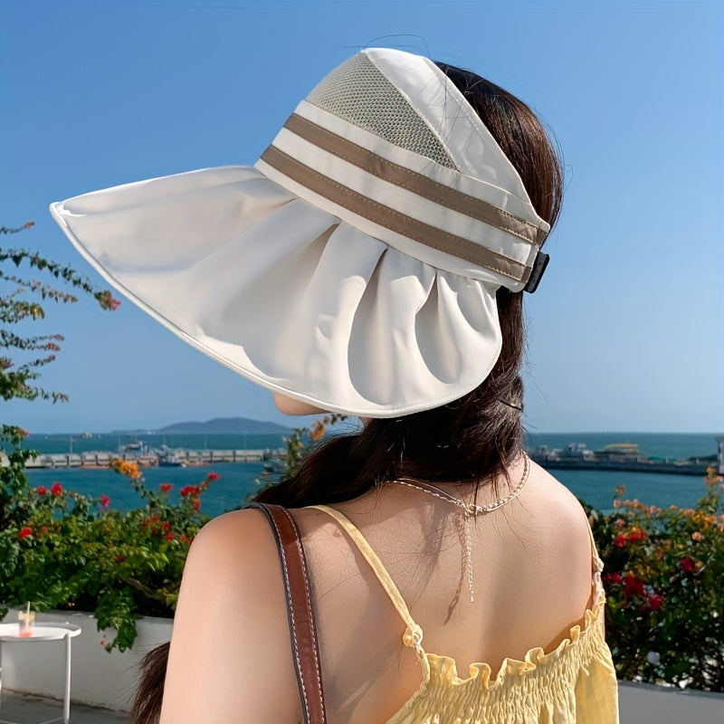 1 Summer Women's Tie-Bow Ponytail Open Top Hat, Mesh Breathable Wide Brim Fisherman Hat for Women, New Outdoor Full Face Large Brim Half-Open Sun Hat, Striped Wide Brim Fishing Cap with Foldable Visor