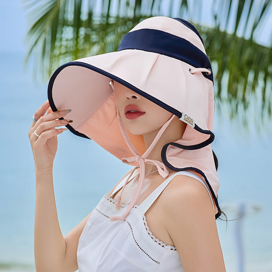 Women'S Stylish Sun Hat with Adjustable Drawstring - Lightweight, Breathable Polyester Visor Cap for Beach, Travel, and Casual Wear - Black and White Design, Wide Brim for Sun Protection, Travel Hat