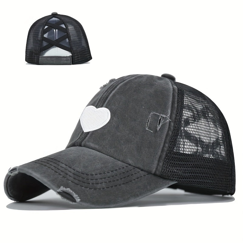 1pc Women's Adjustable Snapback Baseball Cap with Heart Embroidery & Ripped Details - Breathable Mesh Trucker Hat, Ponytail Hole for Outdoor Sports, Golf, Valentine's Day Gifts, Casual Sportswear, Durable Headwear