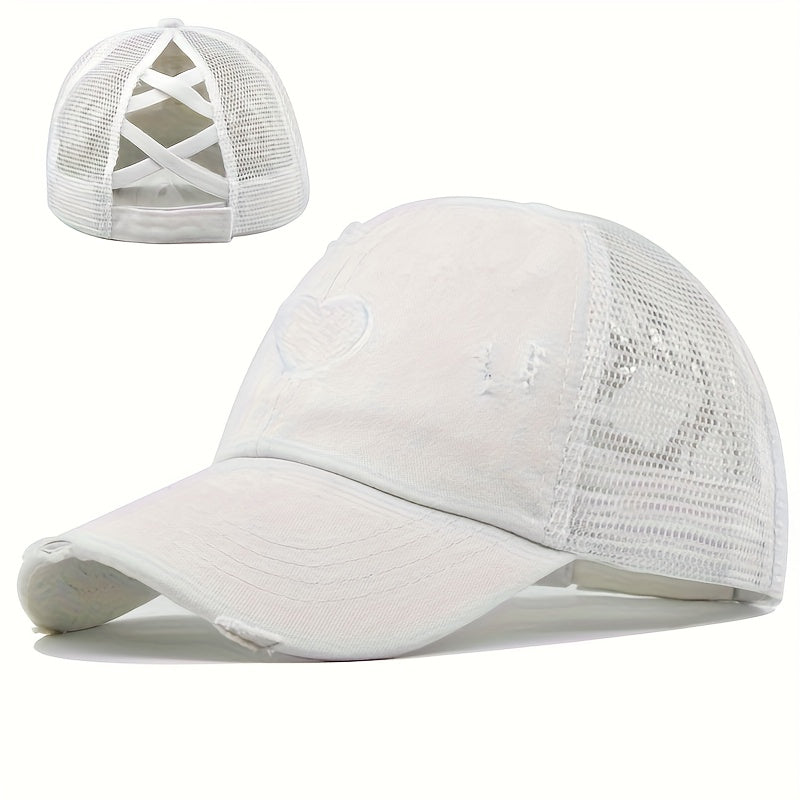 1pc Women's Adjustable Snapback Baseball Cap with Heart Embroidery & Ripped Details - Breathable Mesh Trucker Hat, Ponytail Hole for Outdoor Sports, Golf, Valentine's Day Gifts, Casual Sportswear, Durable Headwear
