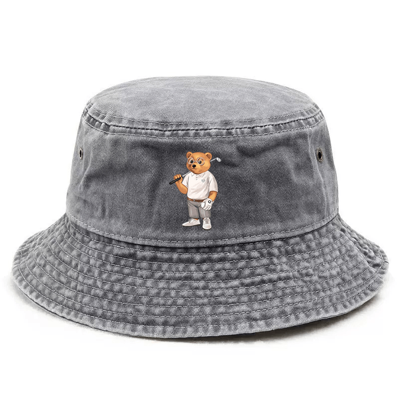 Adjustable Unisex Bucket Hat with Golf Bear Graphic Print - Street Style Outdoor Cap for Hiking, Camping, Casual Wear - Durable & Stylish Design