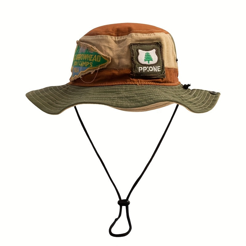Retro Patchwork Bucket Hat for Men And Women, Streetwear Brand, Suitable for Hiking And Outdoor Camping, Western Cowboy Style.