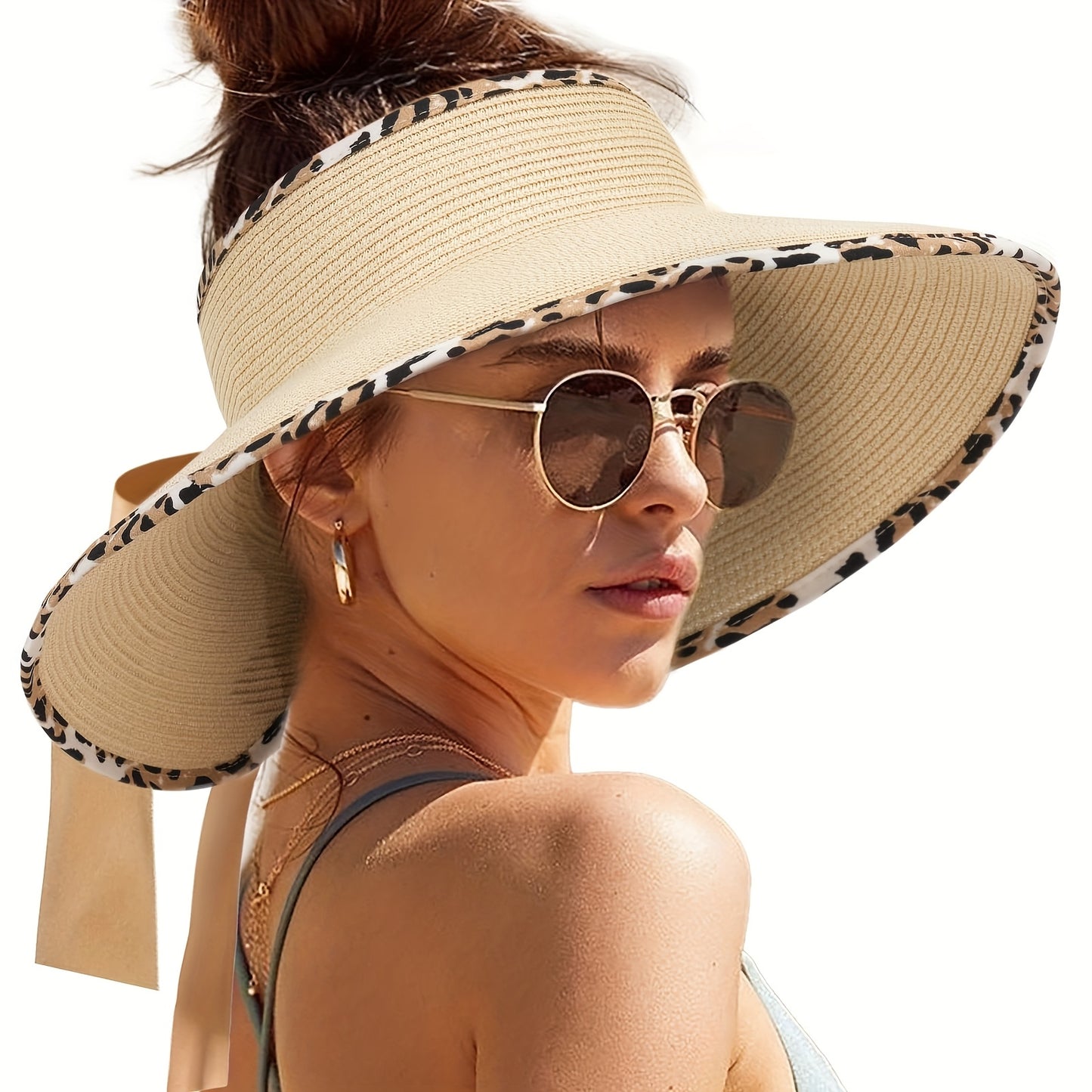 CAMPTRACE Women'S Wide Brim Sun Visor Hat - Foldable Lightweight Straw Beach Hat with Black Trim & Bow Detail, Packable Summer Accessory for Outdoor, Camping, Poolside, Beach Hat, Elegant Accessory, Paper Material