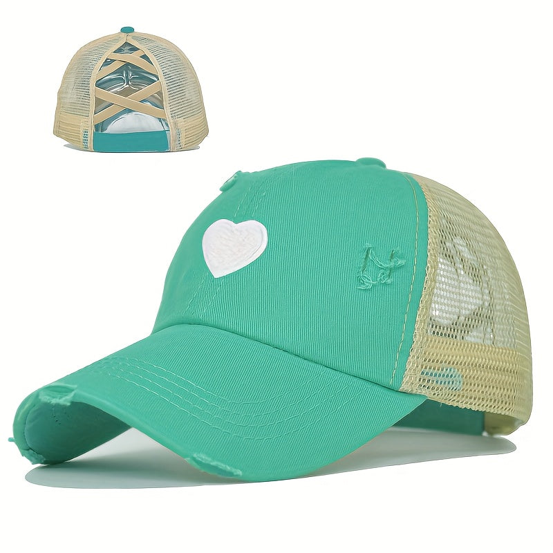 1pc Women's Adjustable Snapback Baseball Cap with Heart Embroidery & Ripped Details - Breathable Mesh Trucker Hat, Ponytail Hole for Outdoor Sports, Golf, Valentine's Day Gifts, Casual Sportswear, Durable Headwear