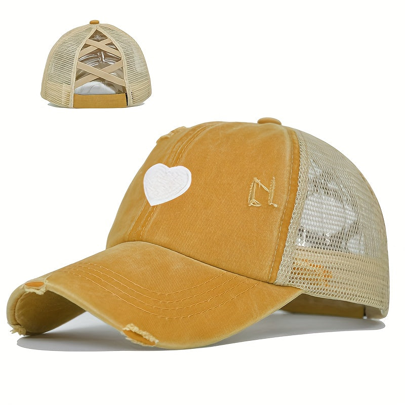 1pc Women's Adjustable Snapback Baseball Cap with Heart Embroidery & Ripped Details - Breathable Mesh Trucker Hat, Ponytail Hole for Outdoor Sports, Golf, Valentine's Day Gifts, Casual Sportswear, Durable Headwear