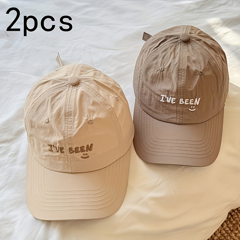 2pcs Baseball Cap Set, Beige + Khaki Quick-Dry Letter IVE Been Embroidered joyful Face Thin Breathable Caps for Men and Women, Suitable for Outdoor Hiking, Camping, Beach Outings, Street Drawing, Playing Ball