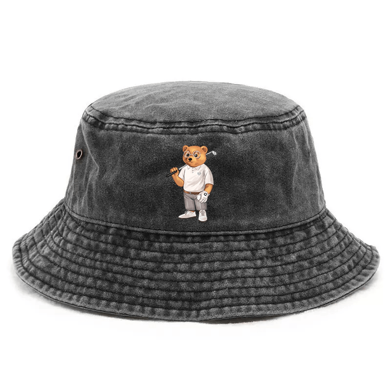Adjustable Unisex Bucket Hat with Golf Bear Graphic Print - Street Style Outdoor Cap for Hiking, Camping, Casual Wear - Durable & Stylish Design
