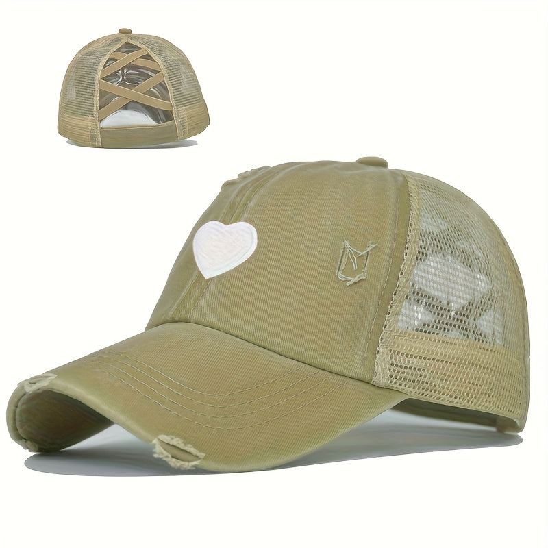 1pc Women's Adjustable Snapback Baseball Cap with Heart Embroidery & Ripped Details - Breathable Mesh Trucker Hat, Ponytail Hole for Outdoor Sports, Golf, Valentine's Day Gifts, Casual Sportswear, Durable Headwear