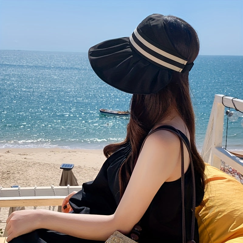 1 Summer Women's Tie-Bow Ponytail Open Top Hat, Mesh Breathable Wide Brim Fisherman Hat for Women, New Outdoor Full Face Large Brim Half-Open Sun Hat, Striped Wide Brim Fishing Cap with Foldable Visor