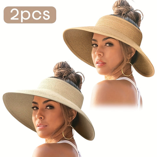 2pcs Women's Straw Sun Visor Hats Wide Brim Packable Foldable Breathable Summer Beach Hats for Outdoor Travel, Ponytail Roll-Up Design, Hand Washable, Foldable Sun Hat, Casual, Versatile Fashion Accessory, Handwashable Fabric