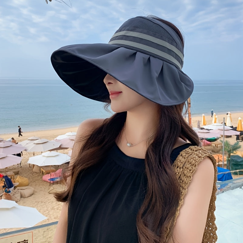 1 Summer Women's Tie-Bow Ponytail Open Top Hat, Mesh Breathable Wide Brim Fisherman Hat for Women, New Outdoor Full Face Large Brim Half-Open Sun Hat, Striped Wide Brim Fishing Cap with Foldable Visor