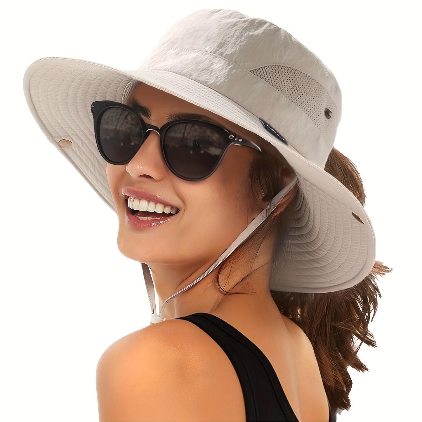 2pcs Women's Wide Brim Sun Hats with Ponytail Hole - Light Gray Breathable Mesh Bucket Hat for Beach, Hiking, Fishing & Outdoor Summer Sunshade, Foldable Design, Hat for, Beach Sunshade, Stylish Bucket Hat, Construction, Secure Fit Elastic
