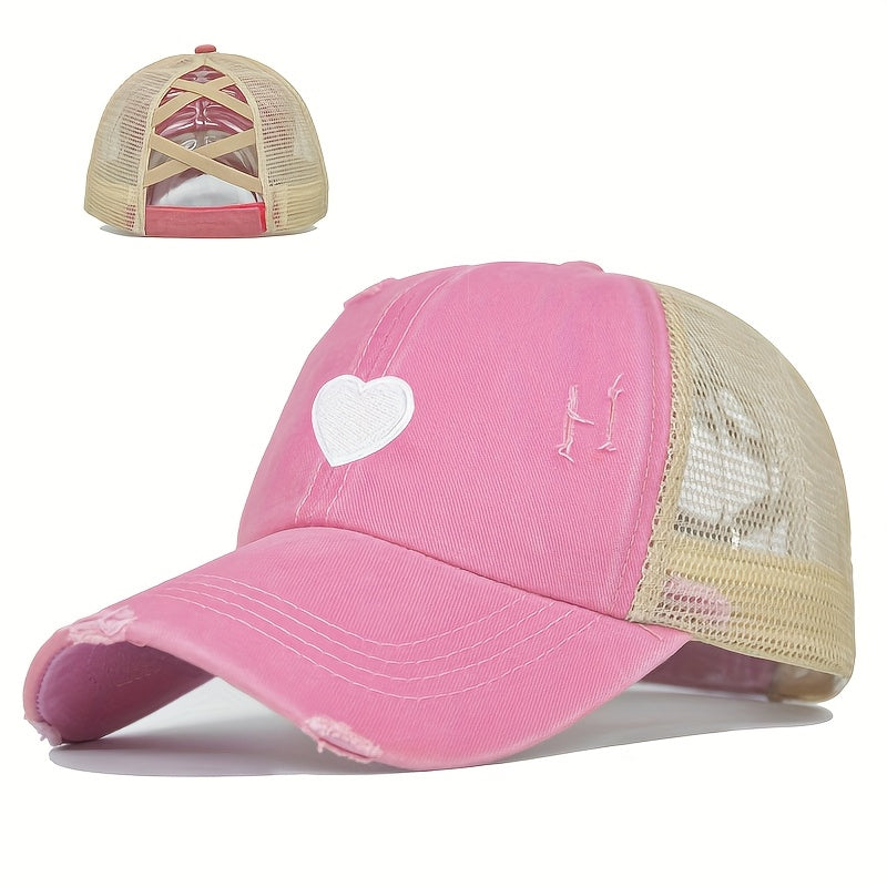 1pc Women's Adjustable Snapback Baseball Cap with Heart Embroidery & Ripped Details - Breathable Mesh Trucker Hat, Ponytail Hole for Outdoor Sports, Golf, Valentine's Day Gifts, Casual Sportswear, Durable Headwear