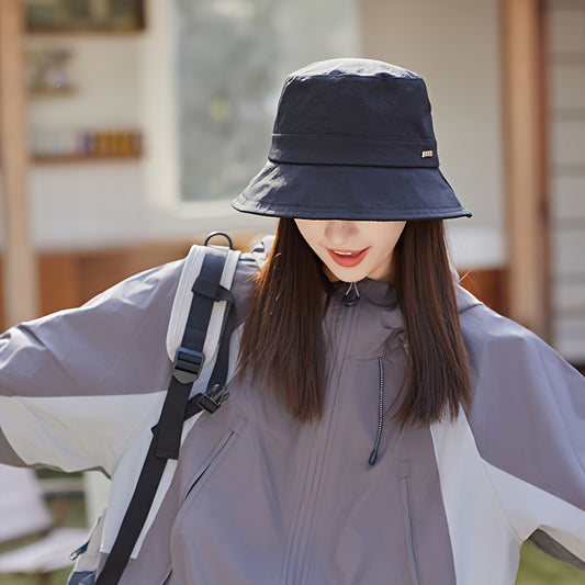 2pcs Women's Foldable Fishing Hats with Metal Wave Logo - Elastic Bucket Hats for Spring\u002FSummer, Lightweight Polyester (White & Black) for Hiking, Park Walks & Beach Outings, Outdoor Accessories, Korean Fashion Hat, Adjustable Hat