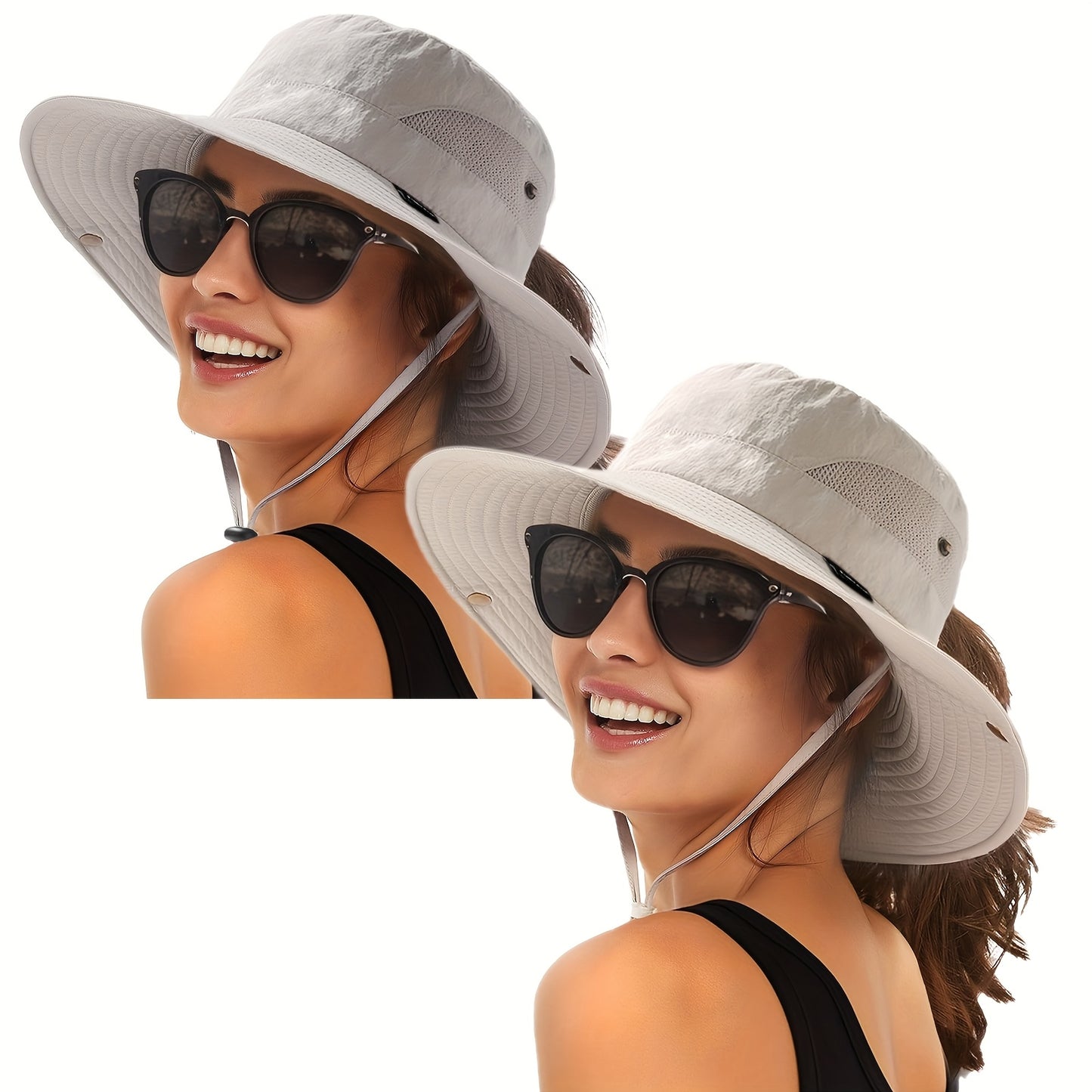 2pcs Women's Wide Brim Sun Hats with Ponytail Hole - Light Gray Breathable Mesh Bucket Hat for Beach, Hiking, Fishing & Outdoor Summer Sunshade, Foldable Design, Hat for, Beach Sunshade, Stylish Bucket Hat, Construction, Secure Fit Elastic