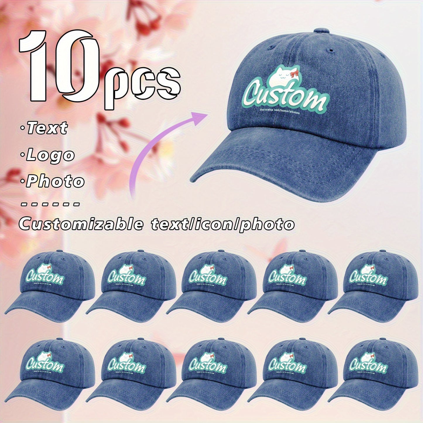 10pcs, Customizable Logo, Personalized Image Photo 10pcs Same Style Retro Fashion Baseball Caps, Customizable Private Patterns, Suitable for Company Team Building Logo or Event Party, Event Customization, Family Customization