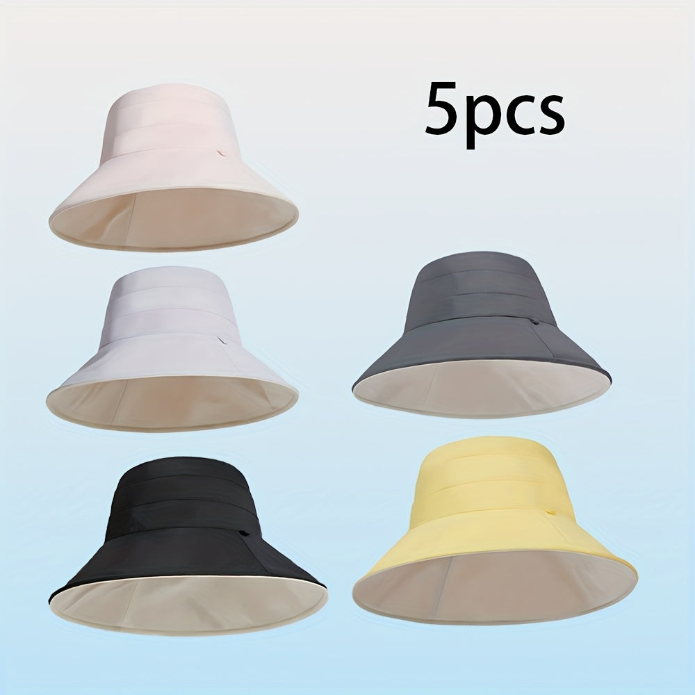5pcs AOWUUC Women's Double-Sided Quick-Dry Fisherman Hats - Reversible Black & Beige, Lightweight Sun Protection with Adjustable Drawstring, Compact Foldable Design for Outdoor Camping, Beach, Hiking, Beach Hat | Casual Headwear | Durable Headgear