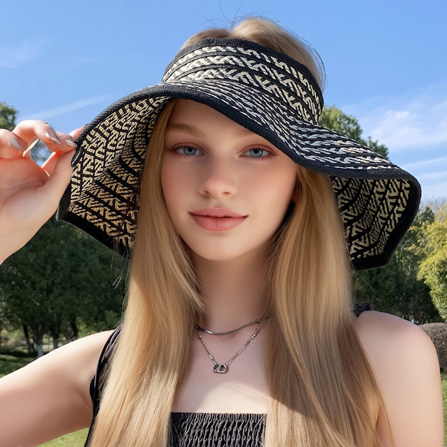 Stylish Sun Hat Lightweight Foldable Women's Wide Brim Sun Hat | Black & White Geometric Pattern, Breathable Summer Beach Hat for Outdoor Activities, Vacation Accessories, Stylish Durable Headwear