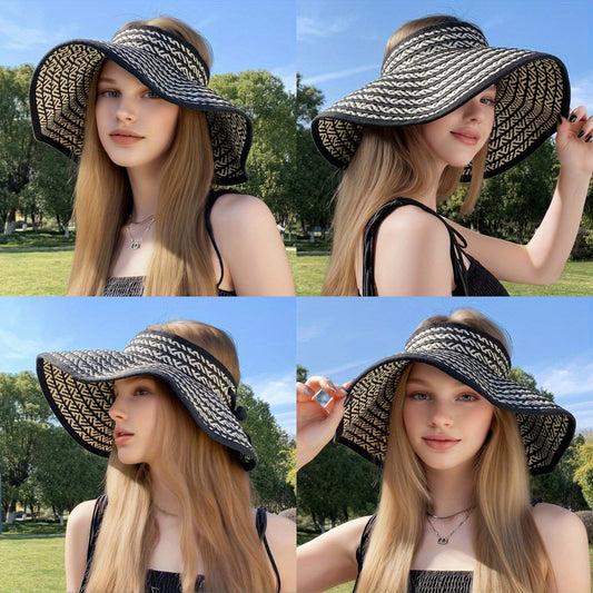 Stylish Sun Hat Lightweight Foldable Women's Wide Brim Sun Hat | Black & White Geometric Pattern, Breathable Summer Beach Hat for Outdoor Activities, Vacation Accessories, Stylish Durable Headwear