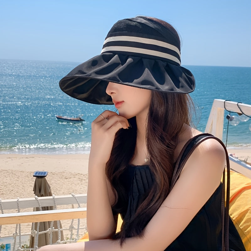 1 Summer Women's Tie-Bow Ponytail Open Top Hat, Mesh Breathable Wide Brim Fisherman Hat for Women, New Outdoor Full Face Large Brim Half-Open Sun Hat, Striped Wide Brim Fishing Cap with Foldable Visor