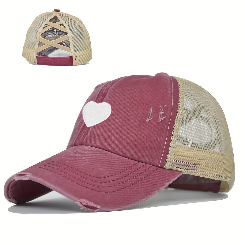 1pc Women's Adjustable Snapback Baseball Cap with Heart Embroidery & Ripped Details - Breathable Mesh Trucker Hat, Ponytail Hole for Outdoor Sports, Golf, Valentine's Day Gifts, Casual Sportswear, Durable Headwear