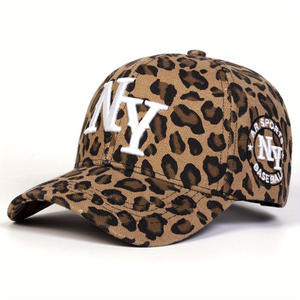 AR Women's NY Leopard Print Baseball Cap - Adjustable Sun Protection Hat with Snap Closure, Wide Brim for Outdoor Travel, Beach Parties & Casual Wear, Beach Party Accessory | Sporty Baseball Cap | Woven Cap, Beach Hat