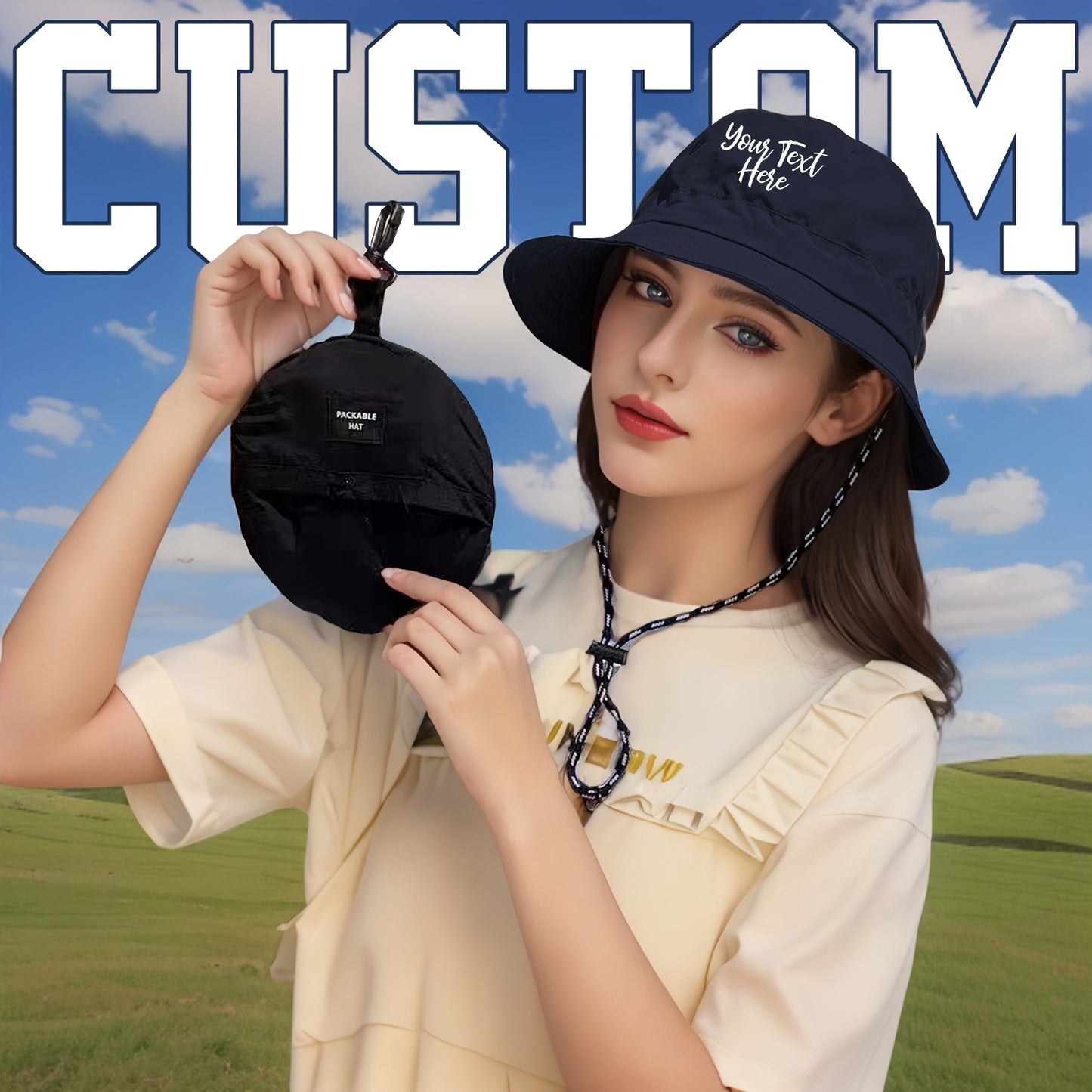 Customizable Text Outdoor Fishing Hat - Lightweight Sun Protection Bucket Hat with Adjustable Chin Strap, Foldable Design for Hiking, Beach & Travel - Durable Polyester, Machine Washable - Women's Fashion, Fishing Accessory
