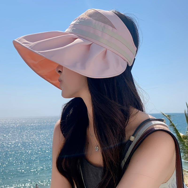 1 Summer Women's Tie-Bow Ponytail Open Top Hat, Mesh Breathable Wide Brim Fisherman Hat for Women, New Outdoor Full Face Large Brim Half-Open Sun Hat, Striped Wide Brim Fishing Cap with Foldable Visor