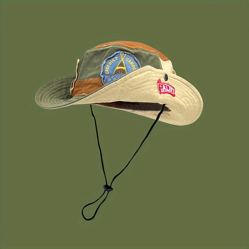 Retro Patchwork Bucket Hat for Men And Women, Streetwear Brand, Suitable for Hiking And Outdoor Camping, Western Cowboy Style.