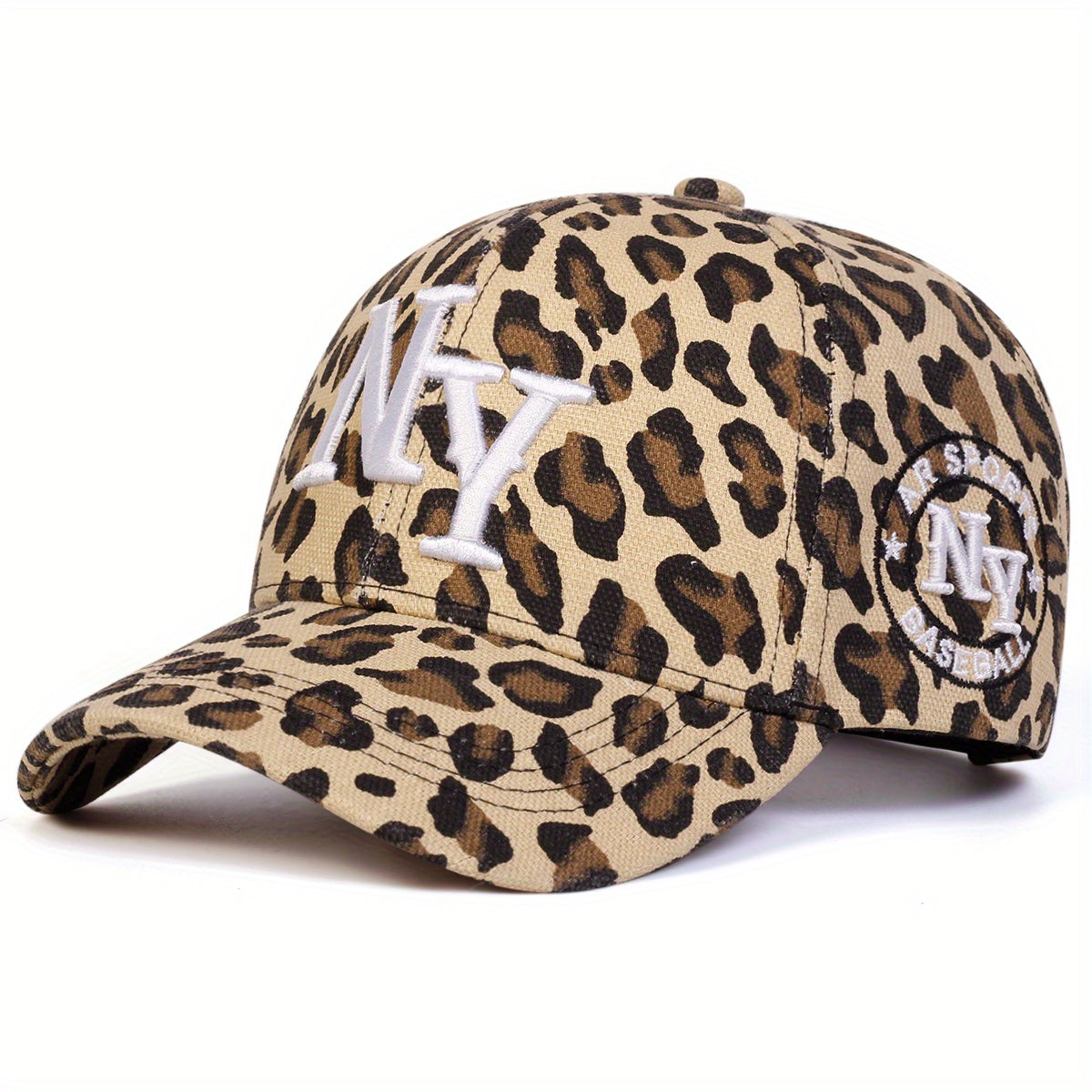 AR Women's NY Leopard Print Baseball Cap - Adjustable Sun Protection Hat with Snap Closure, Wide Brim for Outdoor Travel, Beach Parties & Casual Wear, Beach Party Accessory | Sporty Baseball Cap | Woven Cap, Beach Hat