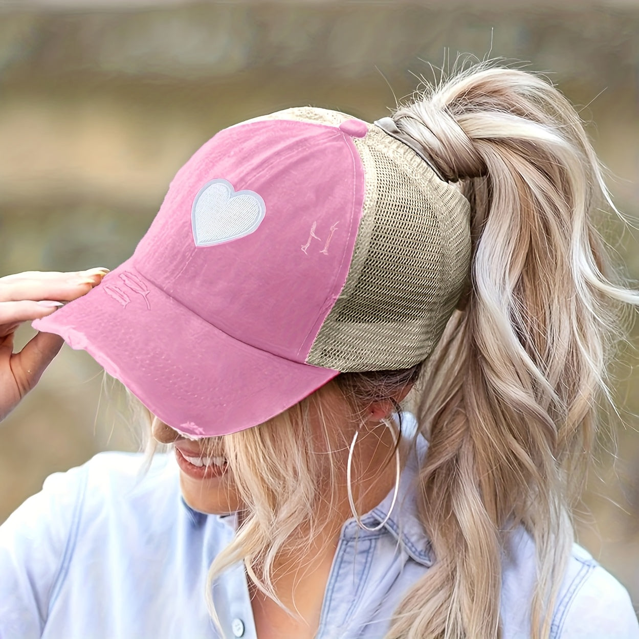 1pc Women's Adjustable Snapback Baseball Cap with Heart Embroidery & Ripped Details - Breathable Mesh Trucker Hat, Ponytail Hole for Outdoor Sports, Golf, Valentine's Day Gifts, Casual Sportswear, Durable Headwear