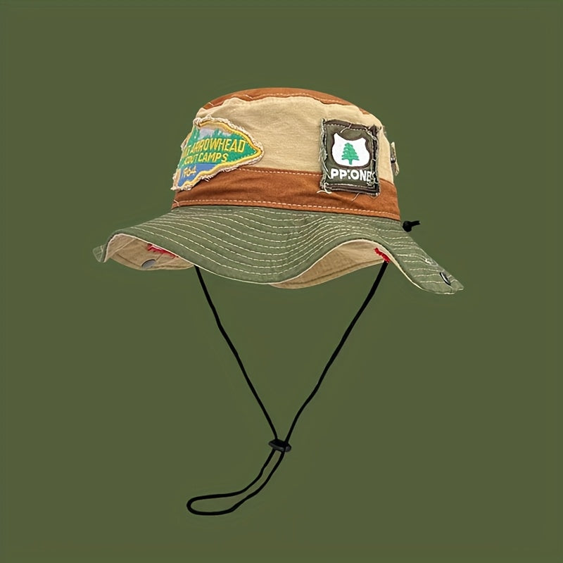 Retro Patchwork Bucket Hat for Men And Women, Streetwear Brand, Suitable for Hiking And Outdoor Camping, Western Cowboy Style.