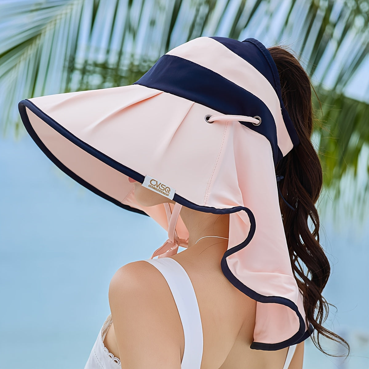 Women'S Stylish Sun Hat with Adjustable Drawstring - Lightweight, Breathable Polyester Visor Cap for Beach, Travel, and Casual Wear - Black and White Design, Wide Brim for Sun Protection, Travel Hat