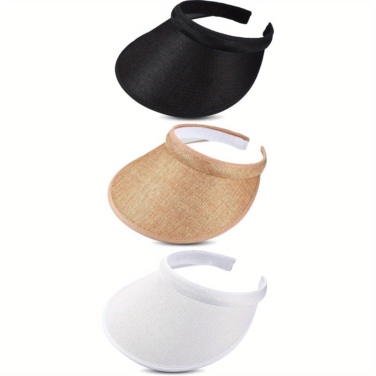 Syhood 3pcs Women's Adjustable Clip-On Sun Visor Hats - Wide Brim Summer Beach Golf Hats, Breathable Lightweight for Outdoor Activities & Bachelorette Parties (Black, Beige, White), Versatile Fashion Accessory, Comfortable Headwear
