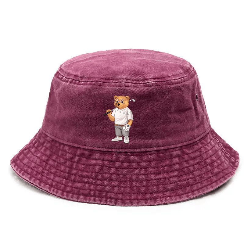 Adjustable Unisex Bucket Hat with Golf Bear Graphic Print - Street Style Outdoor Cap for Hiking, Camping, Casual Wear - Durable & Stylish Design