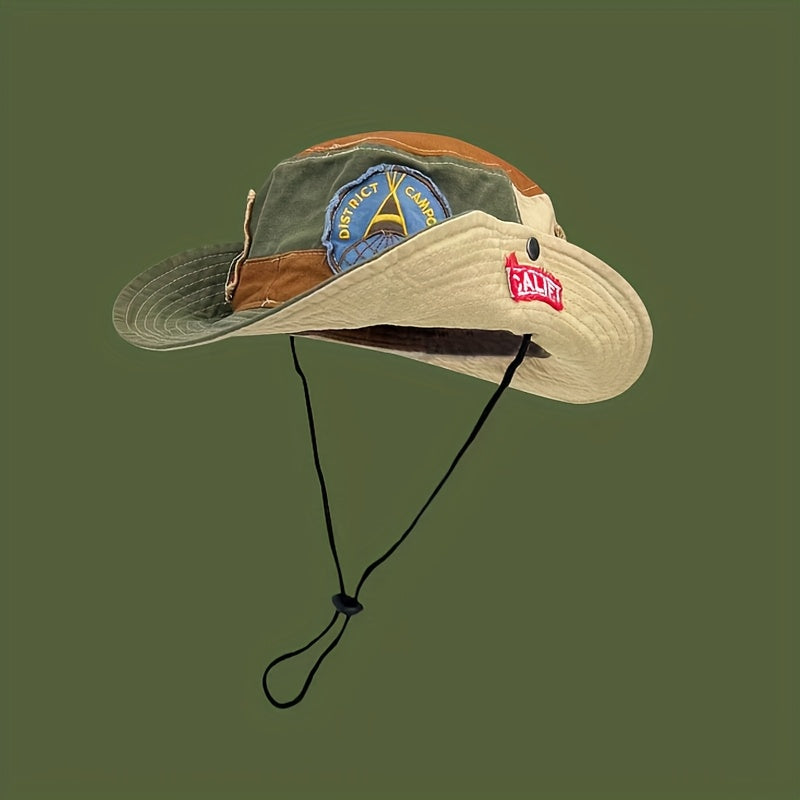 Retro Patchwork Bucket Hat for Men And Women, Streetwear Brand, Suitable for Hiking And Outdoor Camping, Western Cowboy Style.