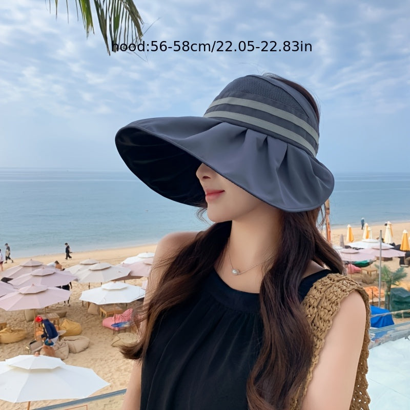 1 Summer Women's Tie-Bow Ponytail Open Top Hat, Mesh Breathable Wide Brim Fisherman Hat for Women, New Outdoor Full Face Large Brim Half-Open Sun Hat, Striped Wide Brim Fishing Cap with Foldable Visor