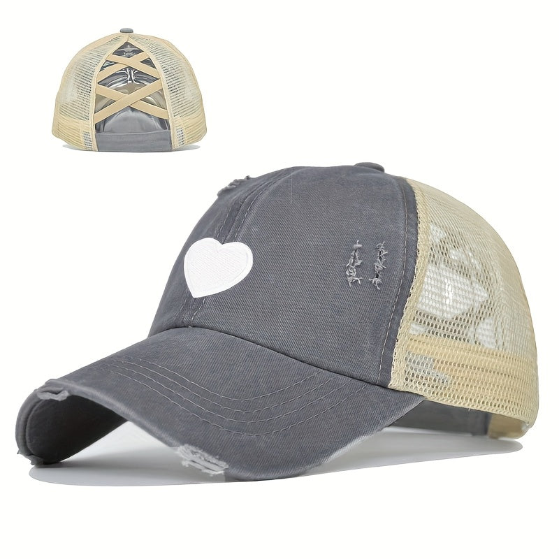1pc Women's Adjustable Snapback Baseball Cap with Heart Embroidery & Ripped Details - Breathable Mesh Trucker Hat, Ponytail Hole for Outdoor Sports, Golf, Valentine's Day Gifts, Casual Sportswear, Durable Headwear