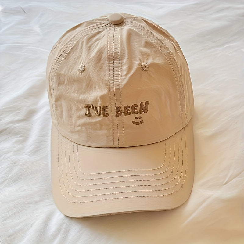 2pcs Baseball Cap Set, Beige + Khaki Quick-Dry Letter IVE Been Embroidered joyful Face Thin Breathable Caps for Men and Women, Suitable for Outdoor Hiking, Camping, Beach Outings, Street Drawing, Playing Ball