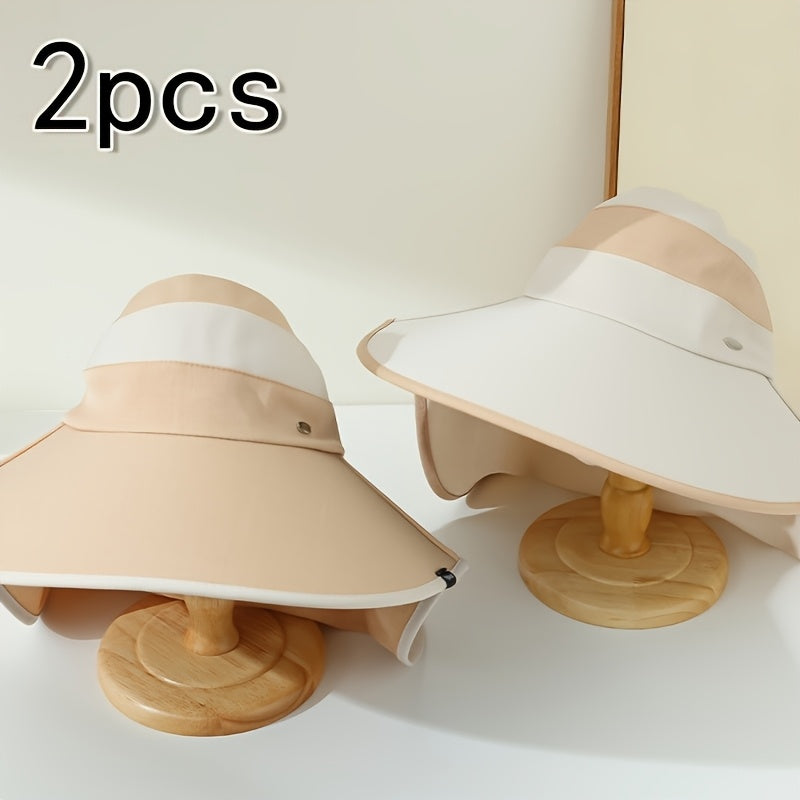2pcs Women's Lightweight Breathable Sun Visor Hats - Wide Brim, Two-Tone Khaki & Cream, Foldable Design for Outdoor Activities, Camping, Travel, and Fishing