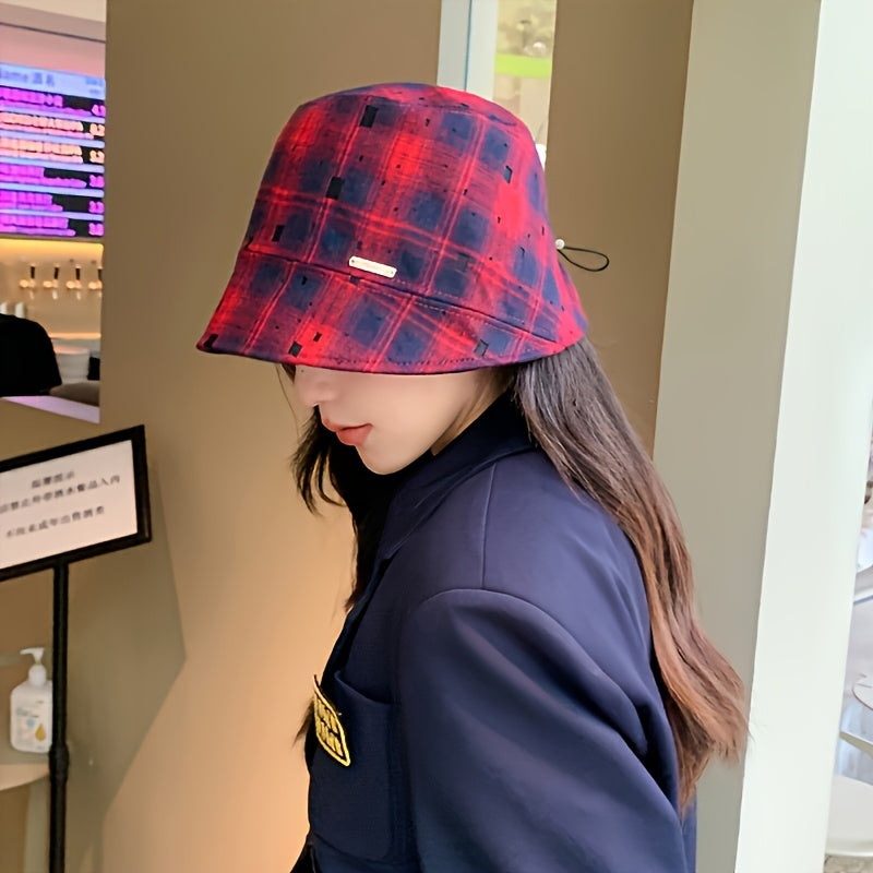 2pcs 2025 Spring Autumn New Fisherman Hat Black+Red, Round Face Suitable, Personality Bucket Hat with Narrow Brim, Versatile Plaid Bucket Hat for Daily Outings, Polyester Fiber