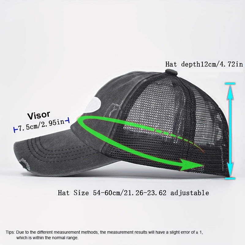 1pc Women's Adjustable Snapback Baseball Cap with Heart Embroidery & Ripped Details - Breathable Mesh Trucker Hat, Ponytail Hole for Outdoor Sports, Golf, Valentine's Day Gifts, Casual Sportswear, Durable Headwear