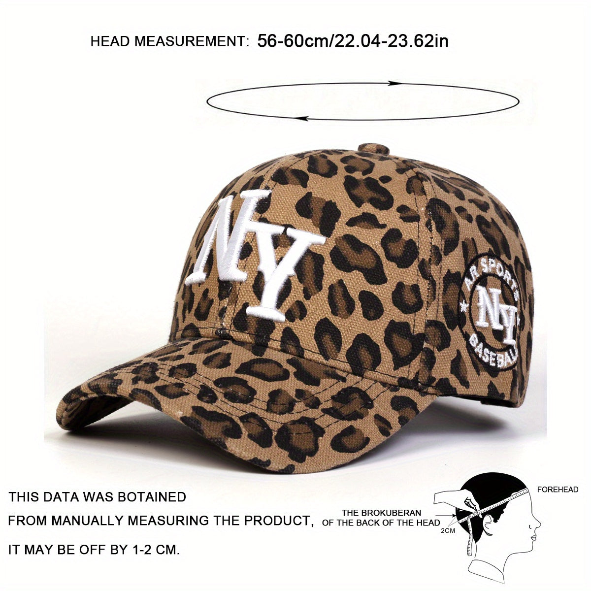 AR Women's NY Leopard Print Baseball Cap - Adjustable Sun Protection Hat with Snap Closure, Wide Brim for Outdoor Travel, Beach Parties & Casual Wear, Beach Party Accessory | Sporty Baseball Cap | Woven Cap, Beach Hat
