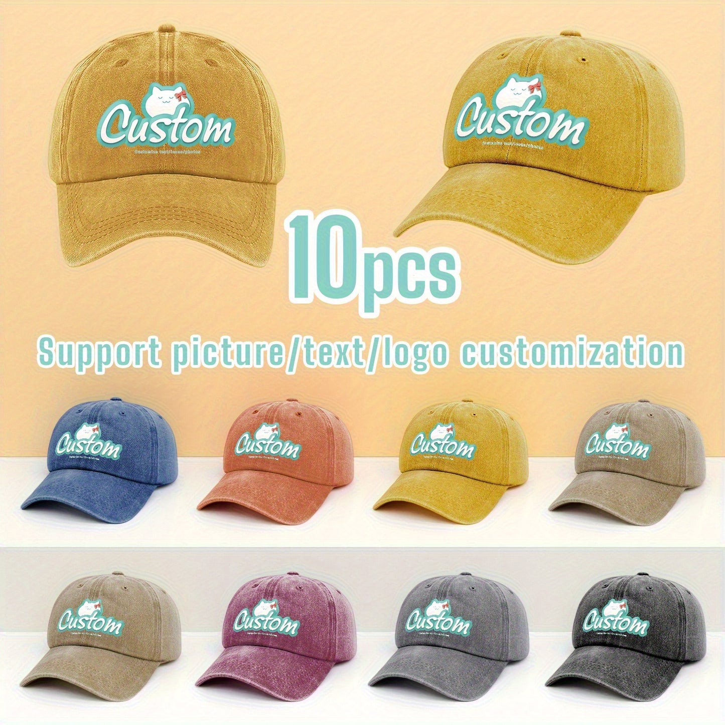 10pcs, Customizable Logo, Personalized Image Photo 10pcs Same Style Retro Fashion Baseball Caps, Customizable Private Patterns, Suitable for Company Team Building Logo or Event Party, Event Customization, Family Customization