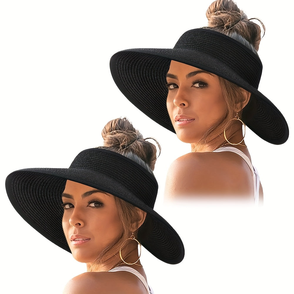 2pcs Women's Straw Sun Visor Hats Wide Brim Packable Foldable Breathable Summer Beach Hats for Outdoor Travel, Ponytail Roll-Up Design, Hand Washable, Foldable Sun Hat, Casual, Versatile Fashion Accessory, Handwashable Fabric
