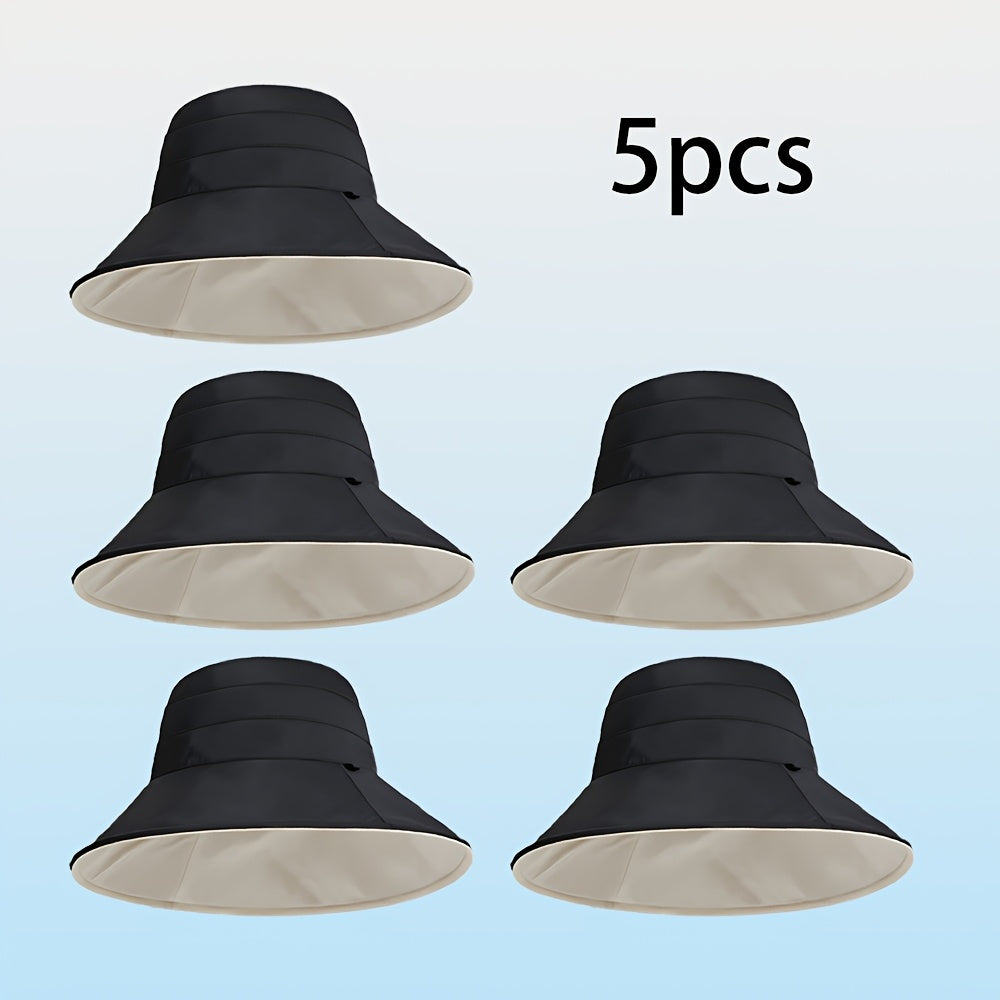 5pcs AOWUUC Women's Double-Sided Quick-Dry Fisherman Hats - Reversible Black & Beige, Lightweight Sun Protection with Adjustable Drawstring, Compact Foldable Design for Outdoor Camping, Beach, Hiking, Beach Hat | Casual Headwear | Durable Headgear