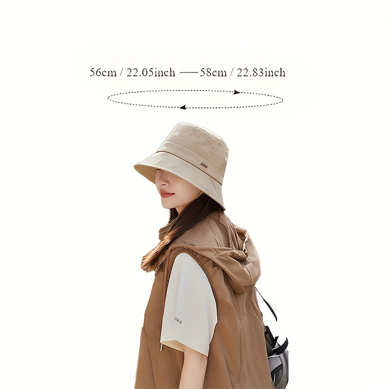 2pcs Women's Foldable Fishing Hats with Metal Wave Logo - Elastic Bucket Hats for Spring\u002FSummer, Lightweight Polyester (White & Black) for Hiking, Park Walks & Beach Outings, Outdoor Accessories, Korean Fashion Hat, Adjustable Hat